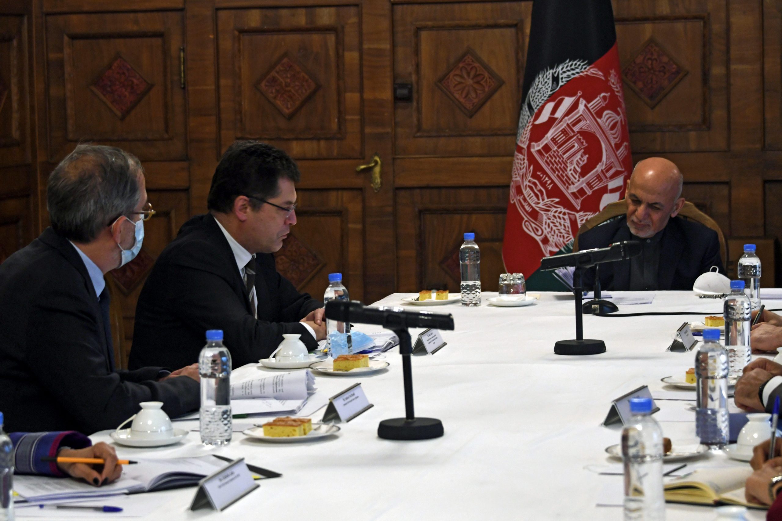© European Union, 2021, Source: EC - Audiovisual Service, Janez Lenarčič, European Commissioner for Crisis Management (L) with Afghan president Ashraf Ghani (Center ) at Presidential Place in Kabul, Afghanistan, Feb.3,2021.